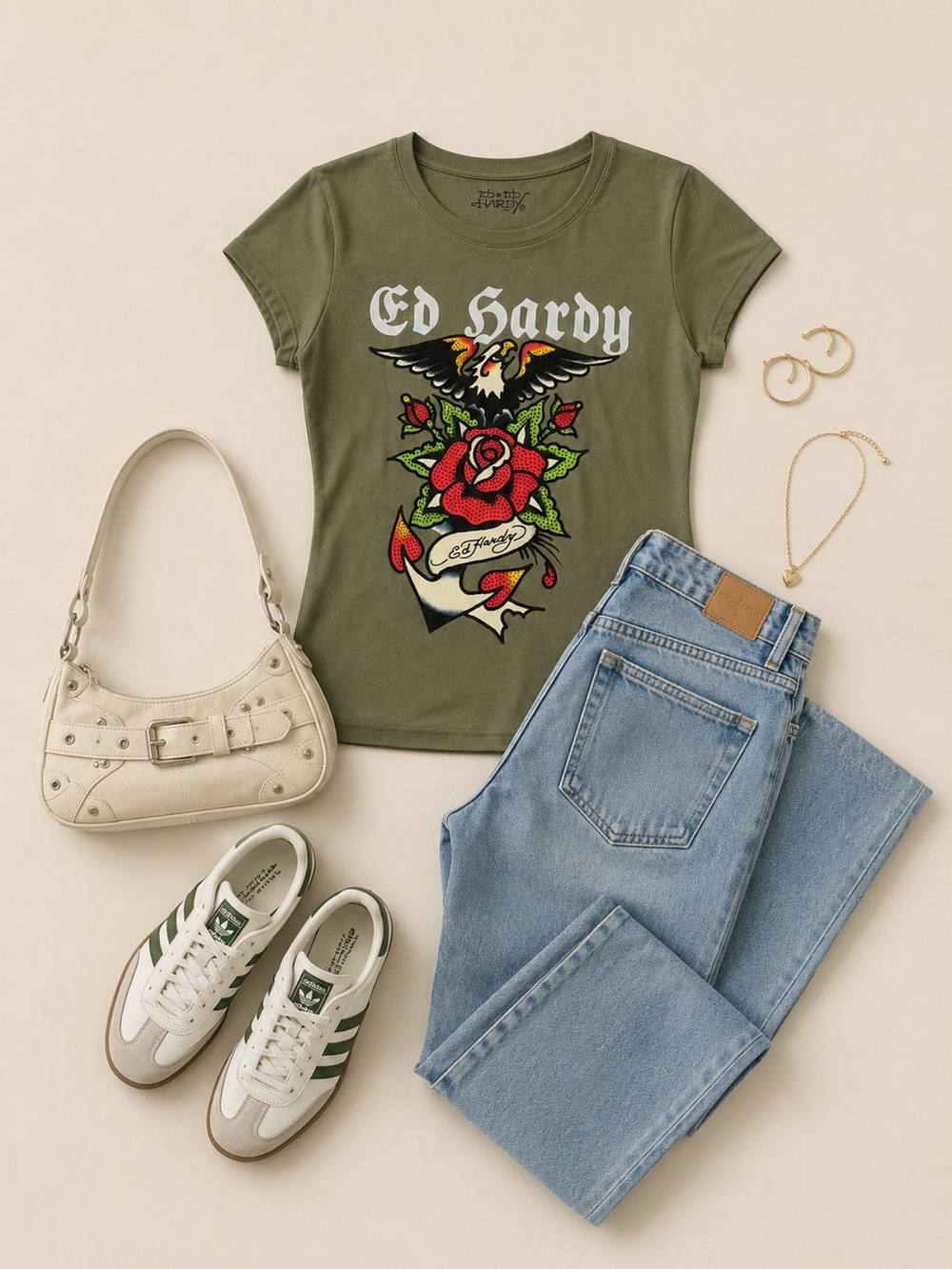 Ed Hardy Olive Green Cotton Blend Rose Graphic Print T-Shirt, XL